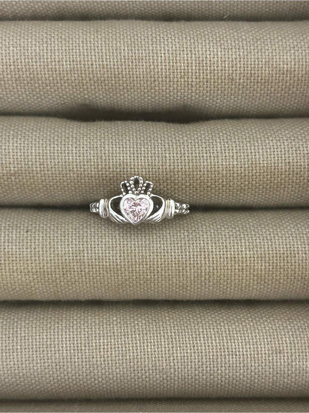 OCTOBER BIRTHSTONE SILVER CLADDAGH RING INSCRIBED WITH "LOVE LOYALTY FRIENDSHIP"